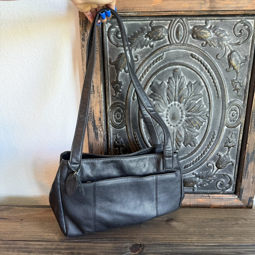 Y2k Rolf's Black Leather Shoulder Bag With Multiple Pockets W/snap Closure